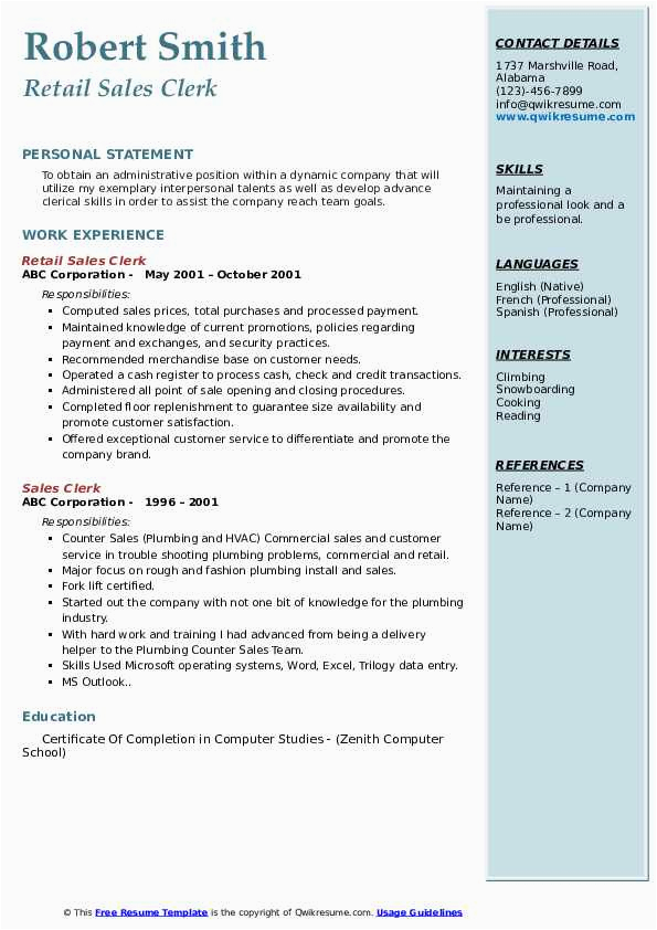 Sample Resume for Sales Clerk Position Sales Clerk Resume Samples