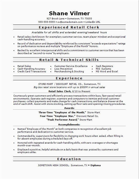 Sample Resume for Sales Clerk with Experience Retail Sales Clerk Resume Sample