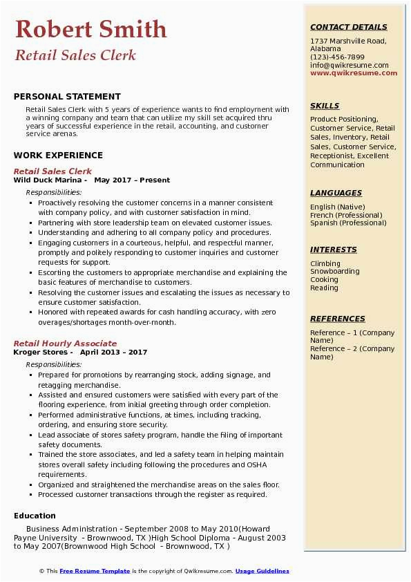 Sample Resume for Sales Clerk with Experience Retail Sales Clerk Resume Samples