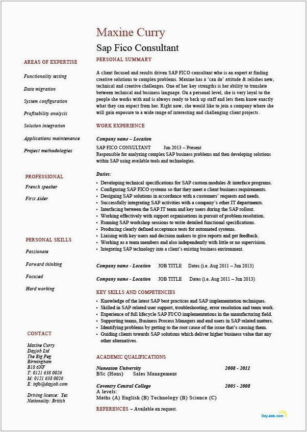 Sample Resume for Sap Fico Consultant Fresher Sap Fico Consultant Resume for Freshers Resume Resume