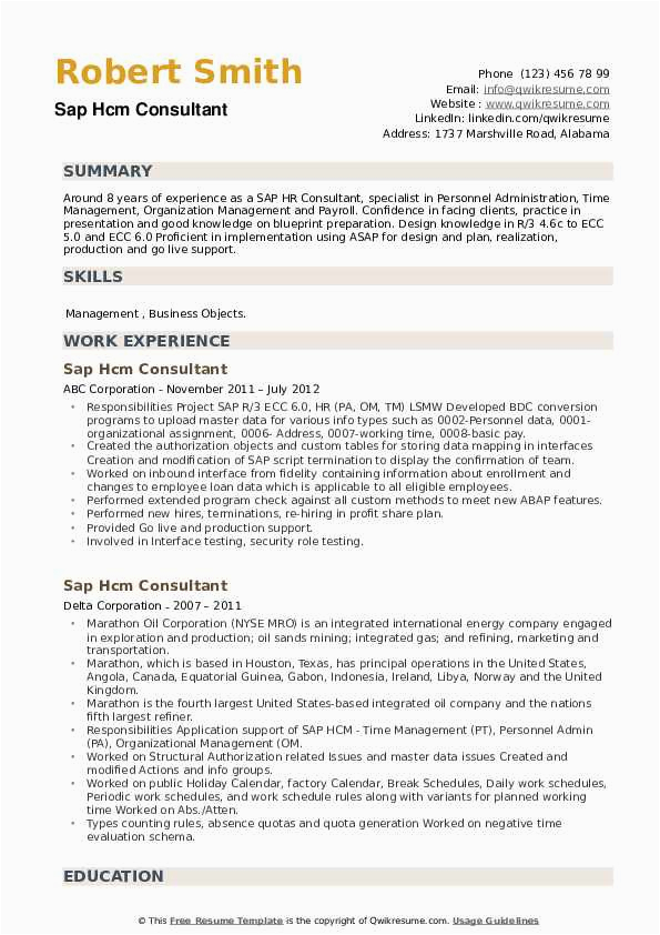 Sample Resume for Sap Successfactors Consultant Sap Hcm Consultant Resume Samples