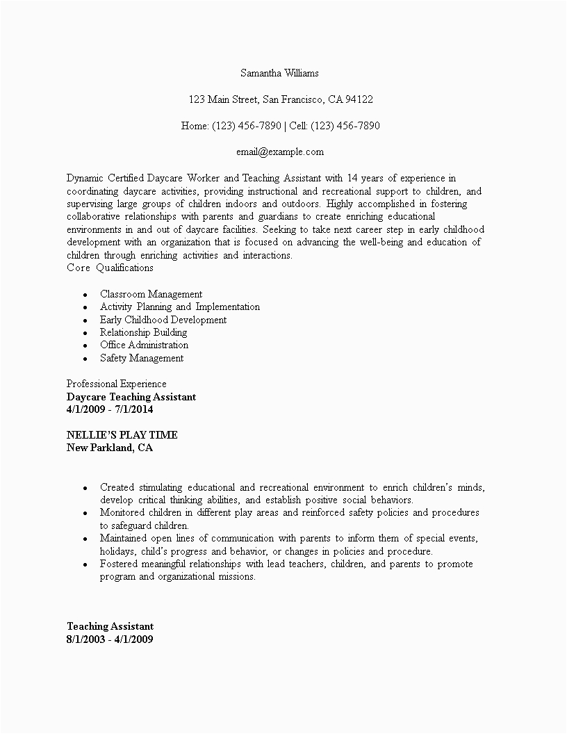 Sample Resume for Teachers assistant In Daycare Center Certified Daycare Teacher assistant Resume Template
