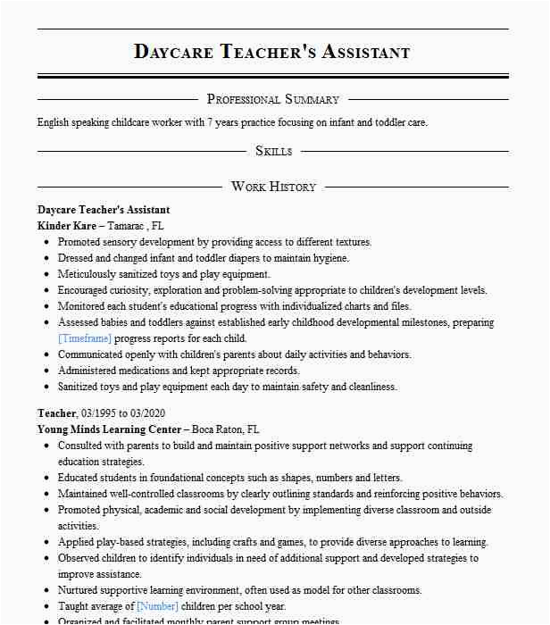 Sample Resume for Teachers assistant In Daycare Center Daycare Teacher S assistant Resume Example the Blue