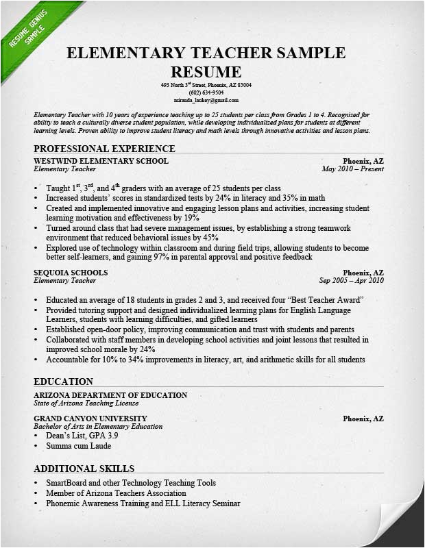 Sample Resume for Teachers with Experience Elementary Teacher Resume Sample Professional Experience