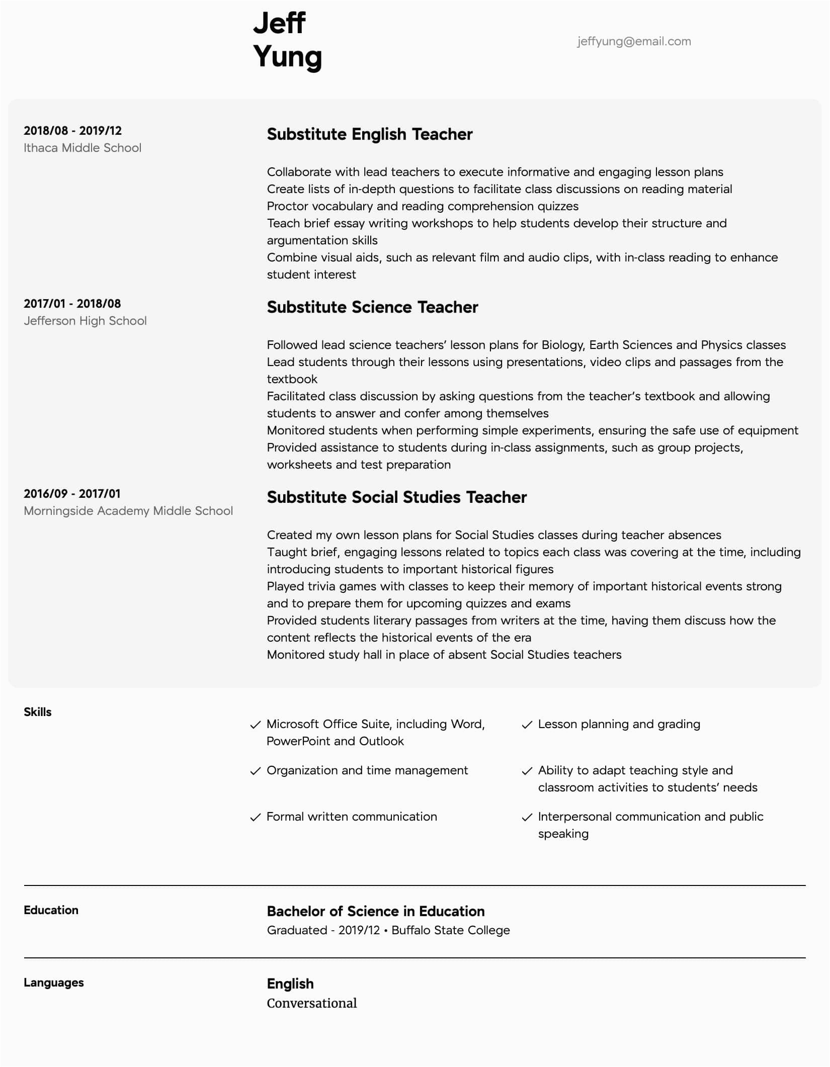 Sample Resume for Teachers with Experience Substitute Teacher Resume Samples