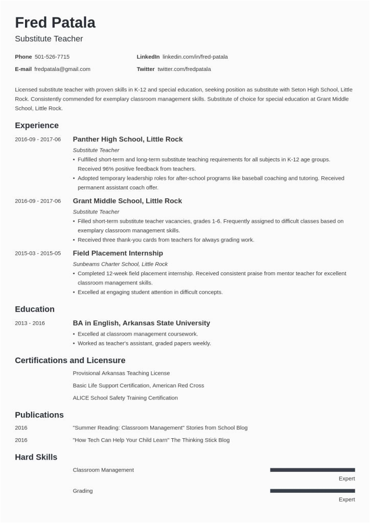 Sample Resume for Teachers with Experience Substitute Teacher Resume with No Experience 2021