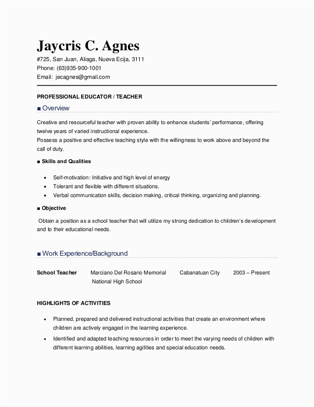 Sample Resume for Teachers without Experience In the Philippines Teacher Applicant Sample Resume for Fresh Graduate