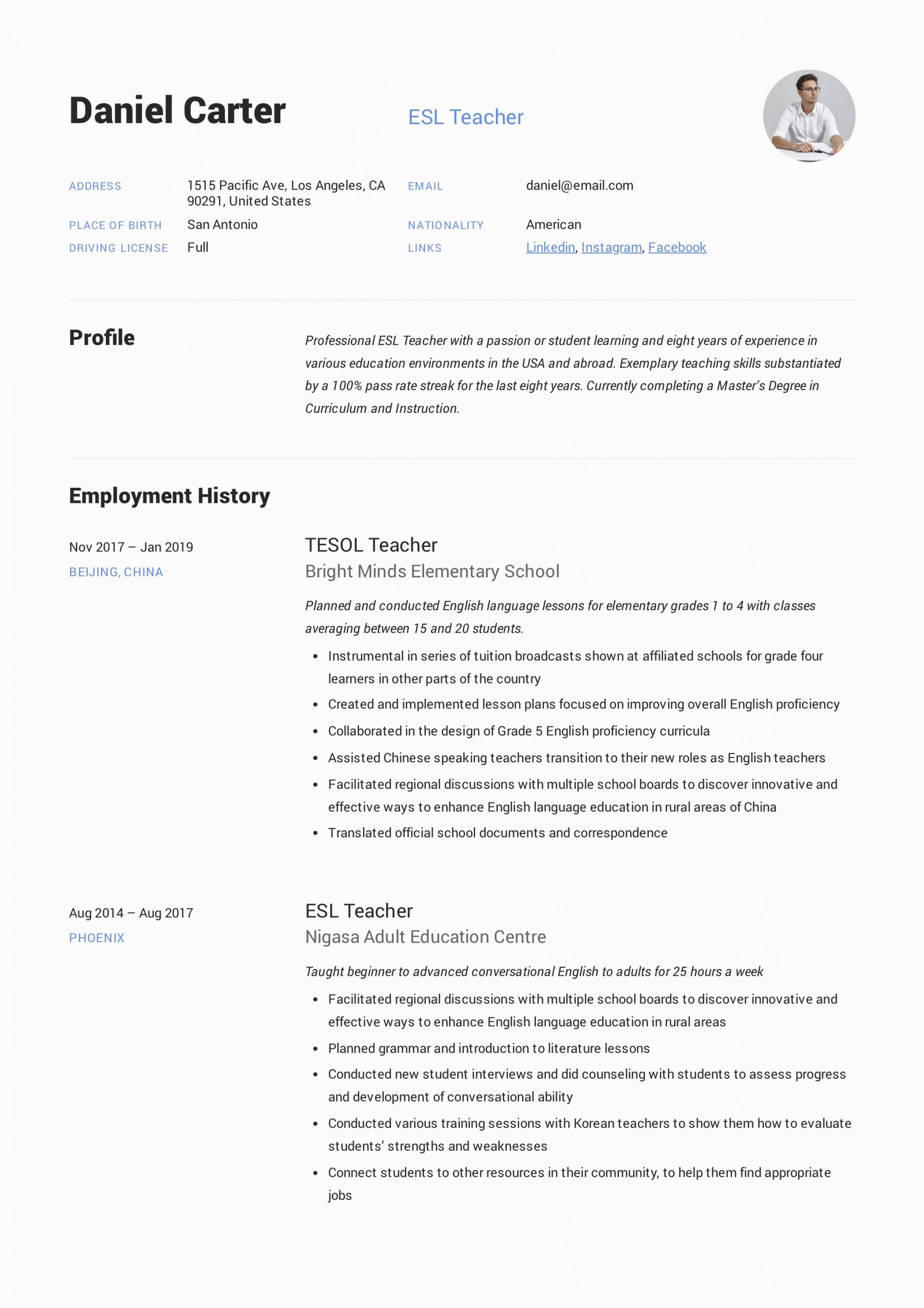 Sample Resume for Teaching Job with Experience 19 Esl Teacher Resume Examples & Writing Guide