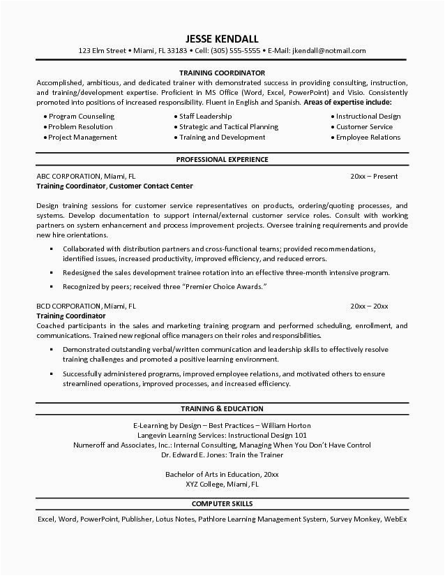 Sample Resume for Training and Development Coordinator Training Coordinator Resume