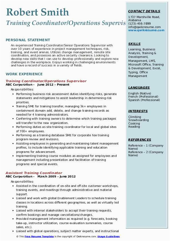 Sample Resume for Training and Development Coordinator Training Coordinator Resume Samples