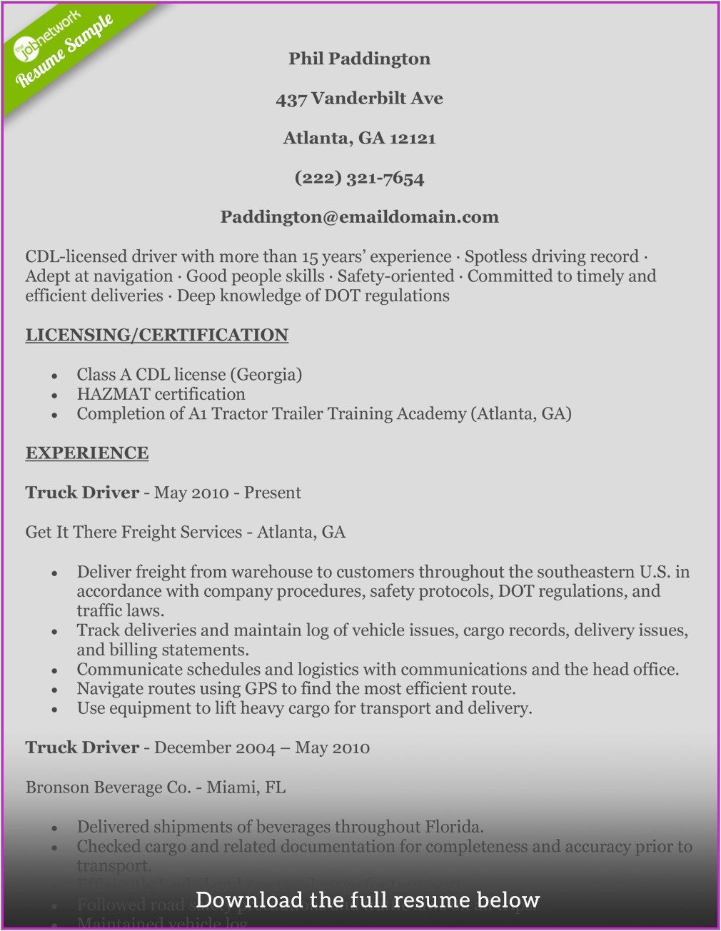 Sample Resume for Truck Driver with No Experience Resume for Truck Driver with No Experience Resume