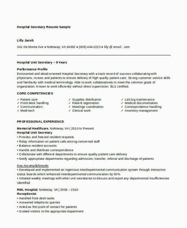 Sample Resume for Unit Secretary In A Hospital 10 Secretary Resume Templates Free Sample Example