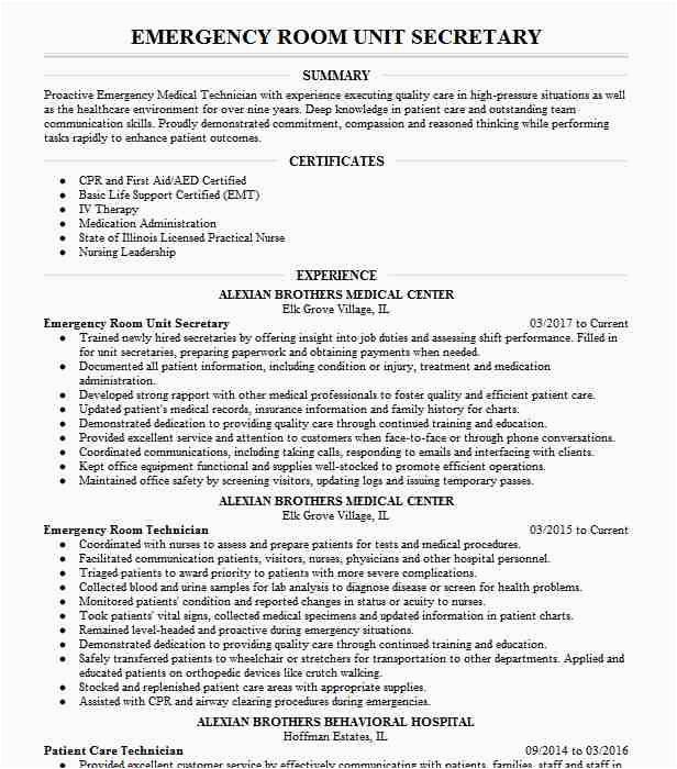 Sample Resume for Unit Secretary In A Hospital Emergency Room Unit Secretary Resume Example Chi Memorial