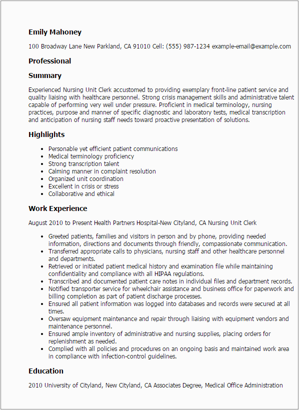 Sample Resume for Unit Secretary In A Hospital Nursing Unit Secretary Cover Letter Samples & Templates