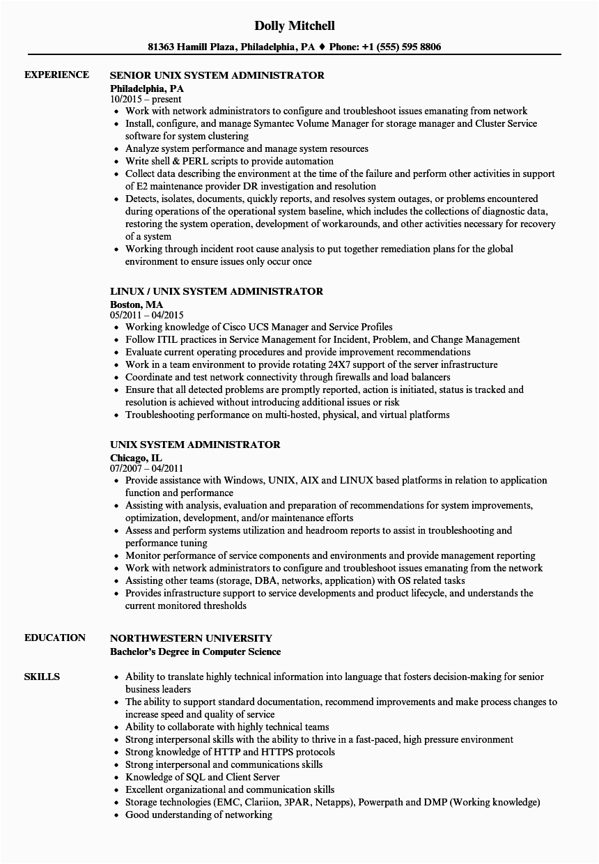 Sample Resume for Unix System Administrator Senior Unix System Administrator Resume January 2021