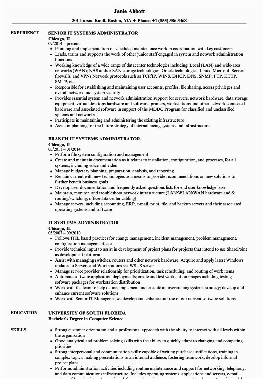Sample Resume for Unix System Administrator System Administrator Resume