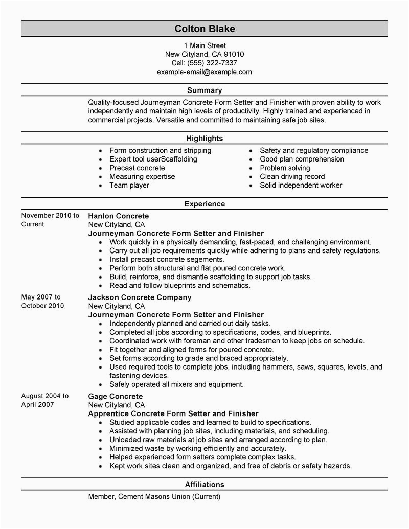 Sample Resume for Vmc Setter Responsibilities Journeymen Concrete form Setters and Finishers Resume
