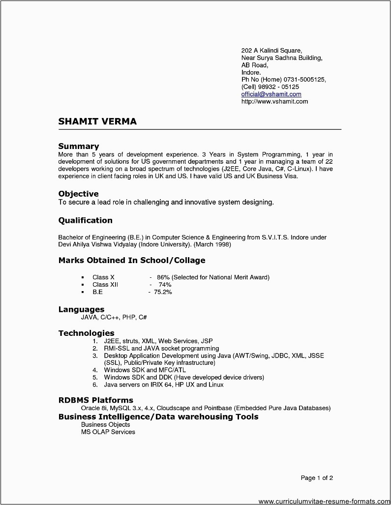 Sample Resume format for Experienced It Professionals Free Download Resume format for Experienced It Professionals Doc