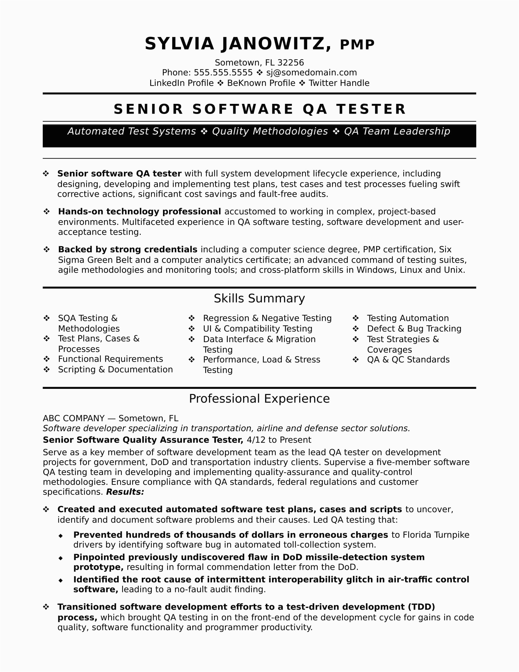 Sample Resume format for Experienced software Test Engineer Experienced Qa software Tester Resume Sample