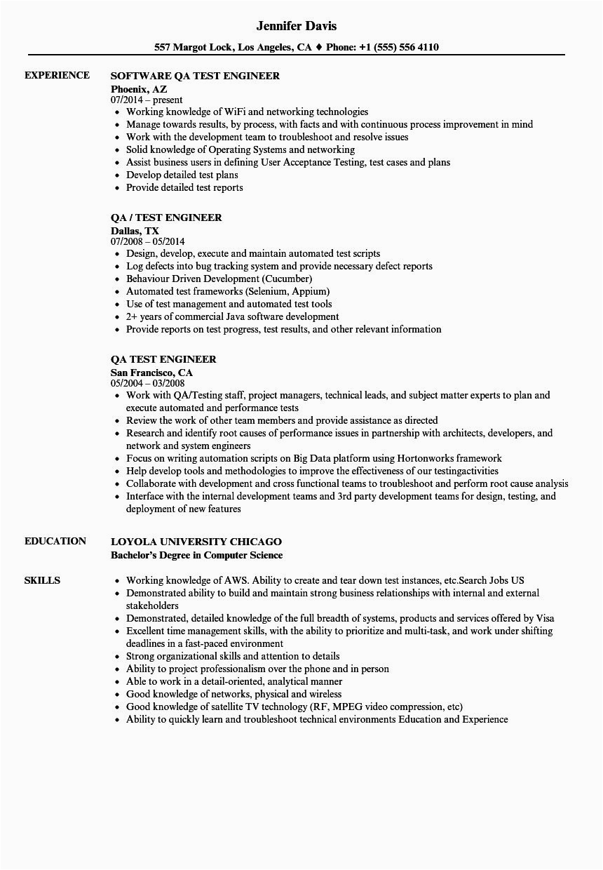 Sample Resume format for Experienced software Test Engineer Qa Tester Resume No Experience original Qa Test Engineer
