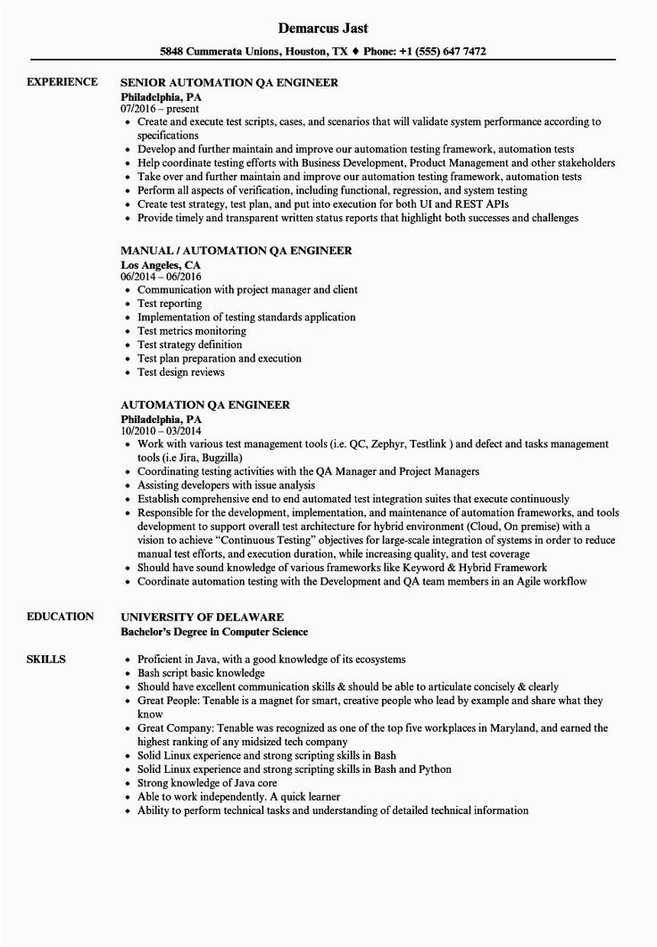 Sample Resume format for Experienced software Test Engineer Qa Tester Resume No Experience Proper Automation Qa