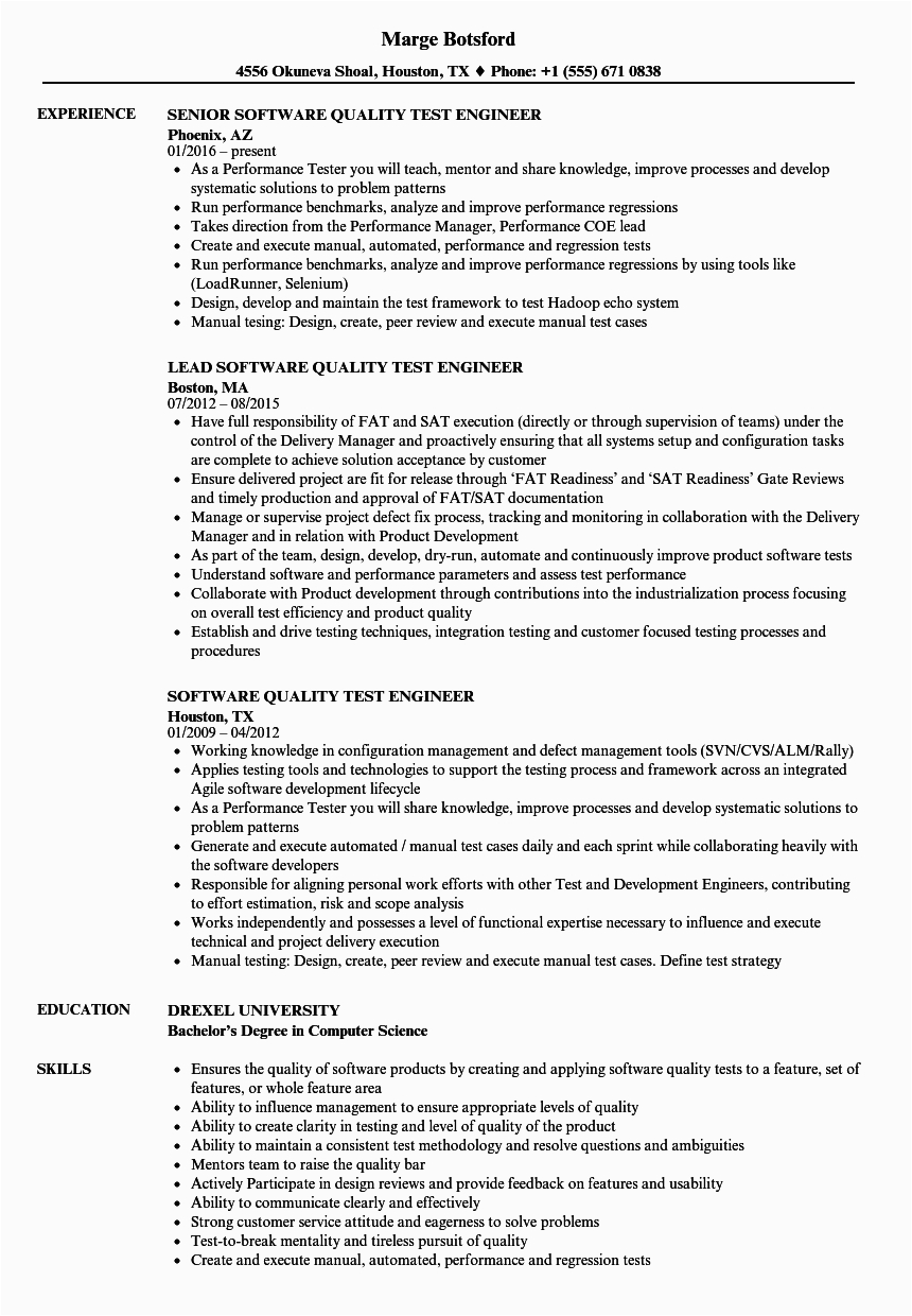 Sample Resume format for Experienced software Test Engineer software Quality Test Engineer Resume Samples