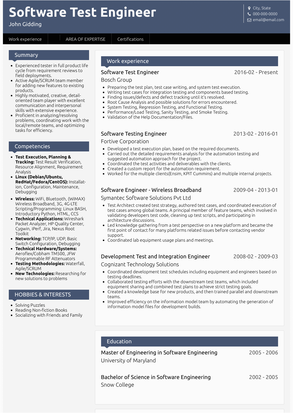 Sample Resume format for Experienced software Test Engineer software Test Engineer Resume Samples and Templates