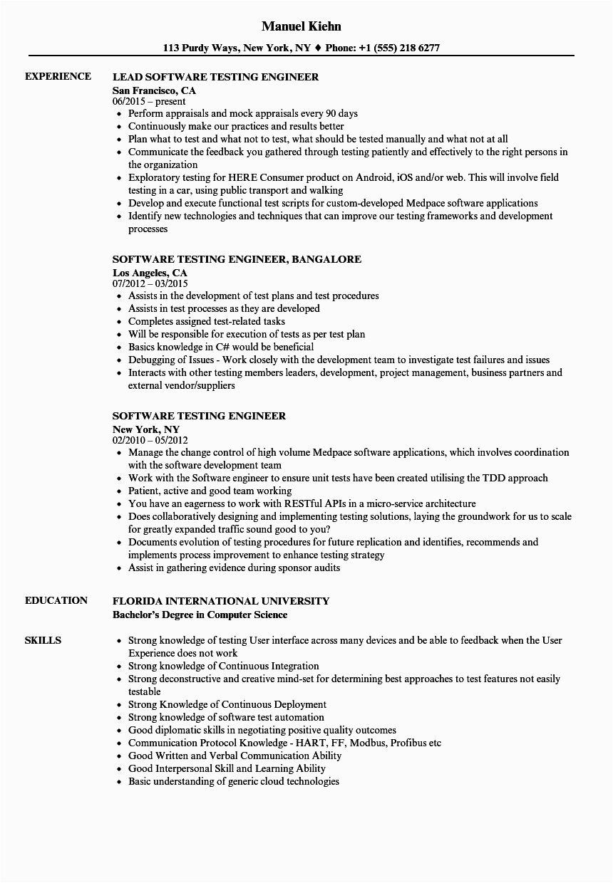 Sample Resume format for Experienced software Test Engineer software Testing Engineer Resume Samples