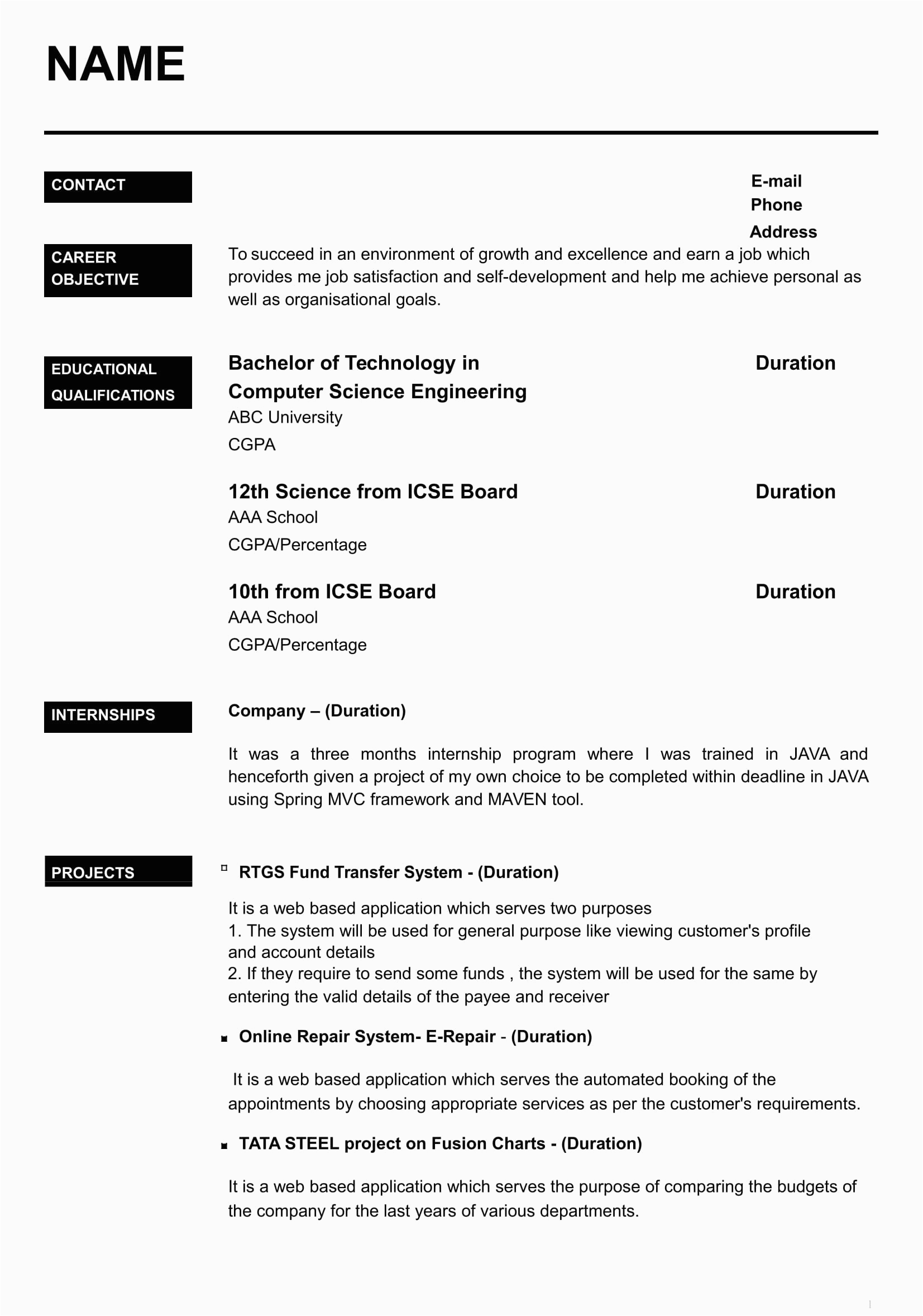 Sample Resume format for Freshers Free Download Resume formats for 2020