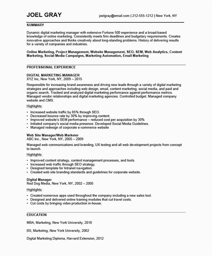 Sample Resume Of Digital Marketing Manager Digital Marketing Manager Free Resume Samples