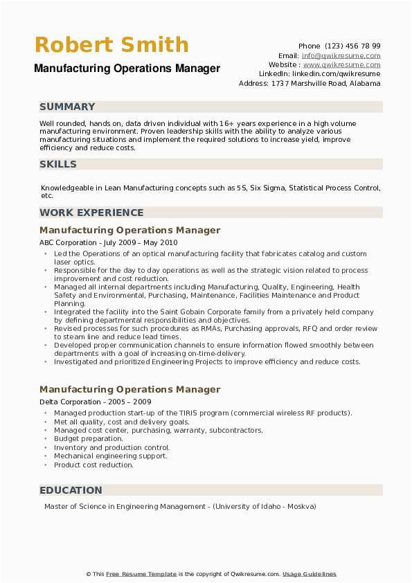 Sample Resume Operations Manager In Manufacturing Manufacturing Operations Manager Resume Samples