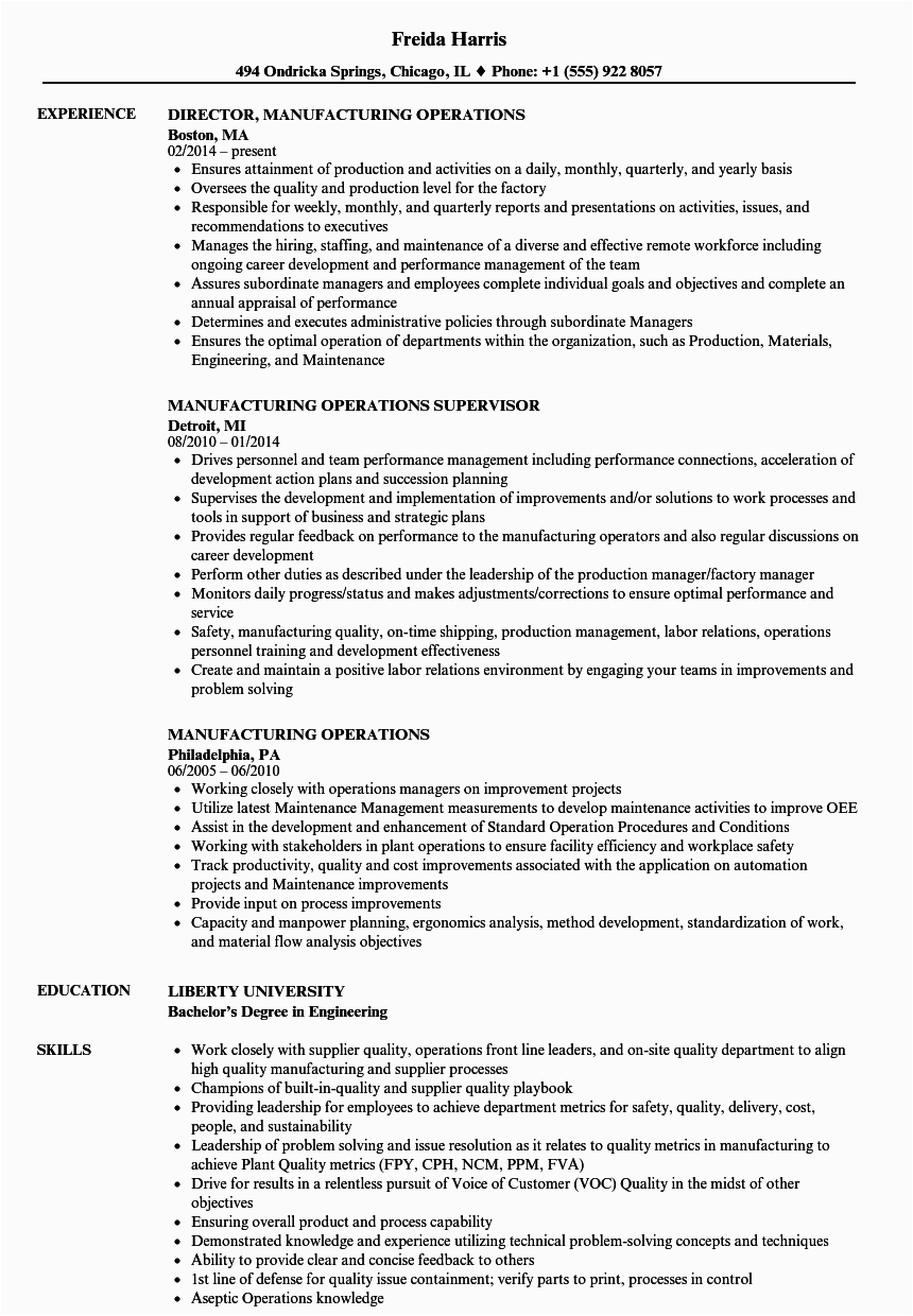 Sample Resume Operations Manager In Manufacturing Manufacturing Operations Resume Samples