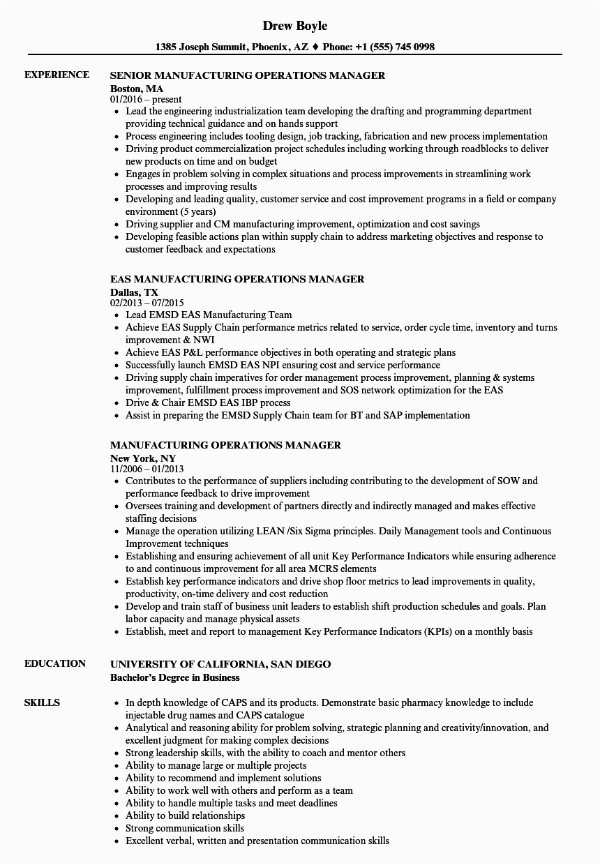 Sample Resume Operations Manager In Manufacturing Operations Manager Job Descriptions Free Resume Templates