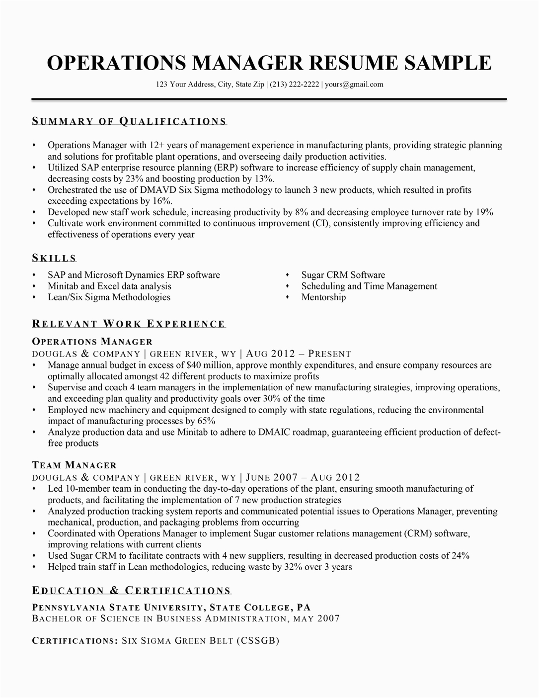 Sample Resume Operations Manager In Manufacturing Operations Manager Resume Sample & Writing Tips