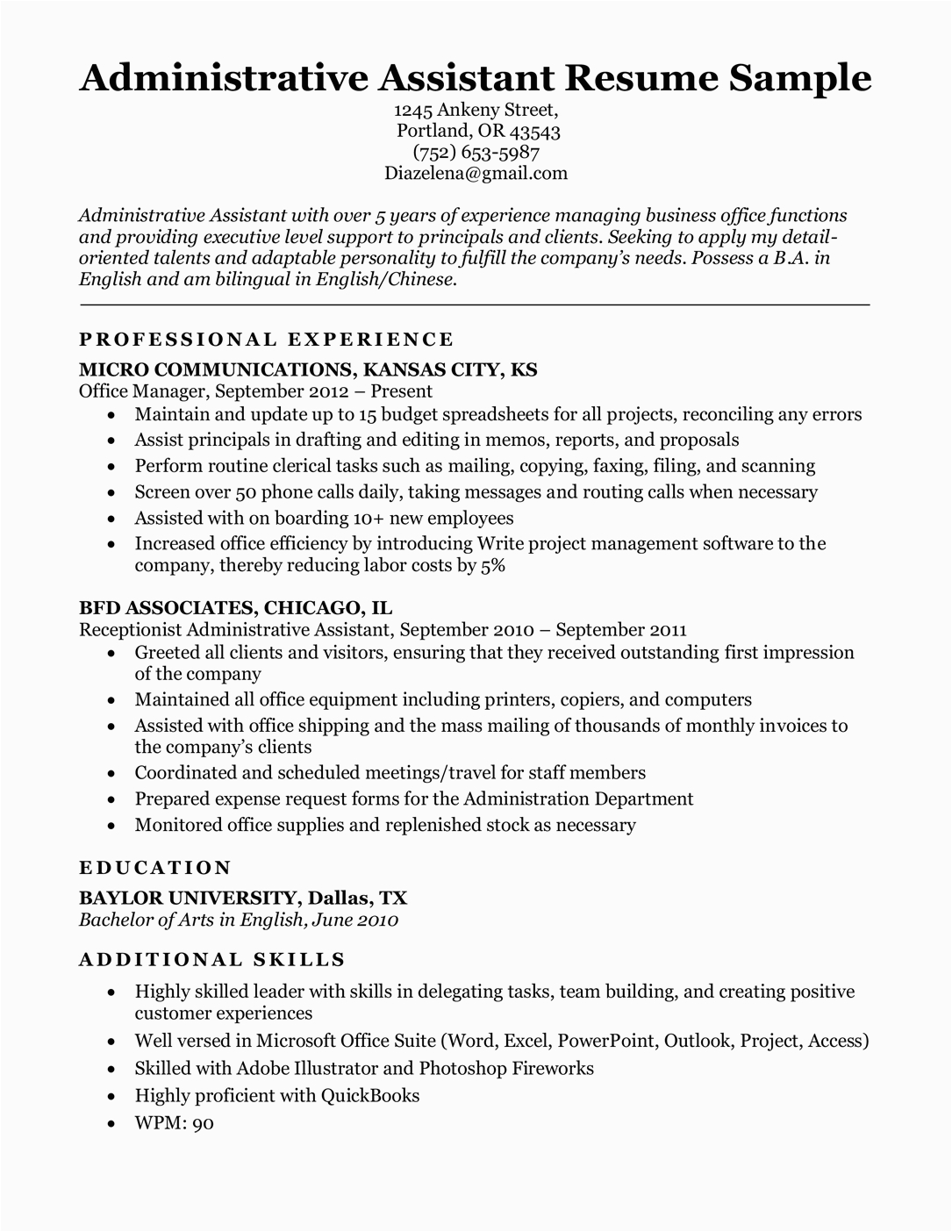 Sample Resume Profile for Administrative assistant Resume Bio Administrative assistant