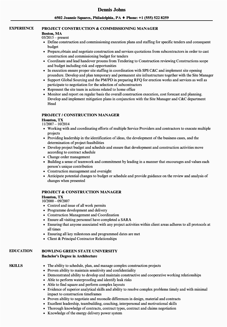 Sample Resume Senior Project Manager Construction Construction Manager Resume