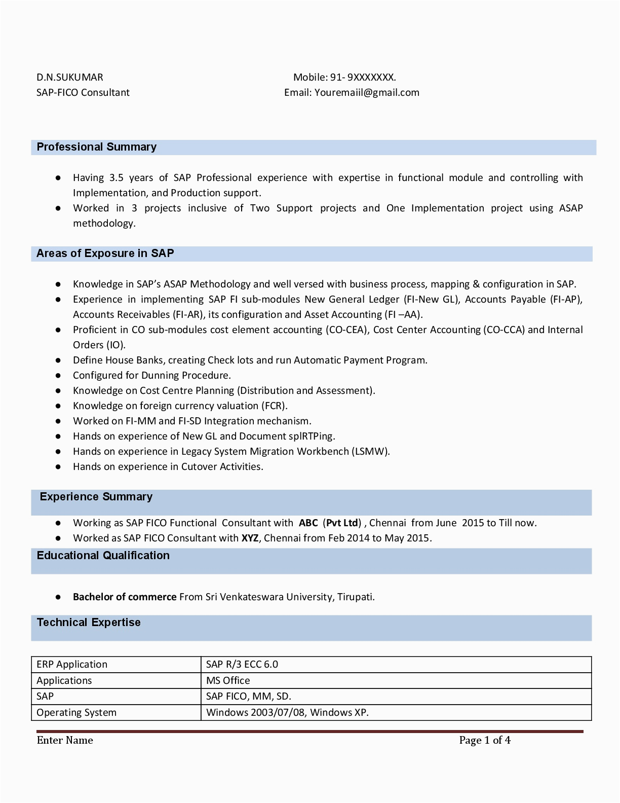 Sap Fico Sample Resume 3 Years Experience Sap Fico Resume Sample Resume Sample