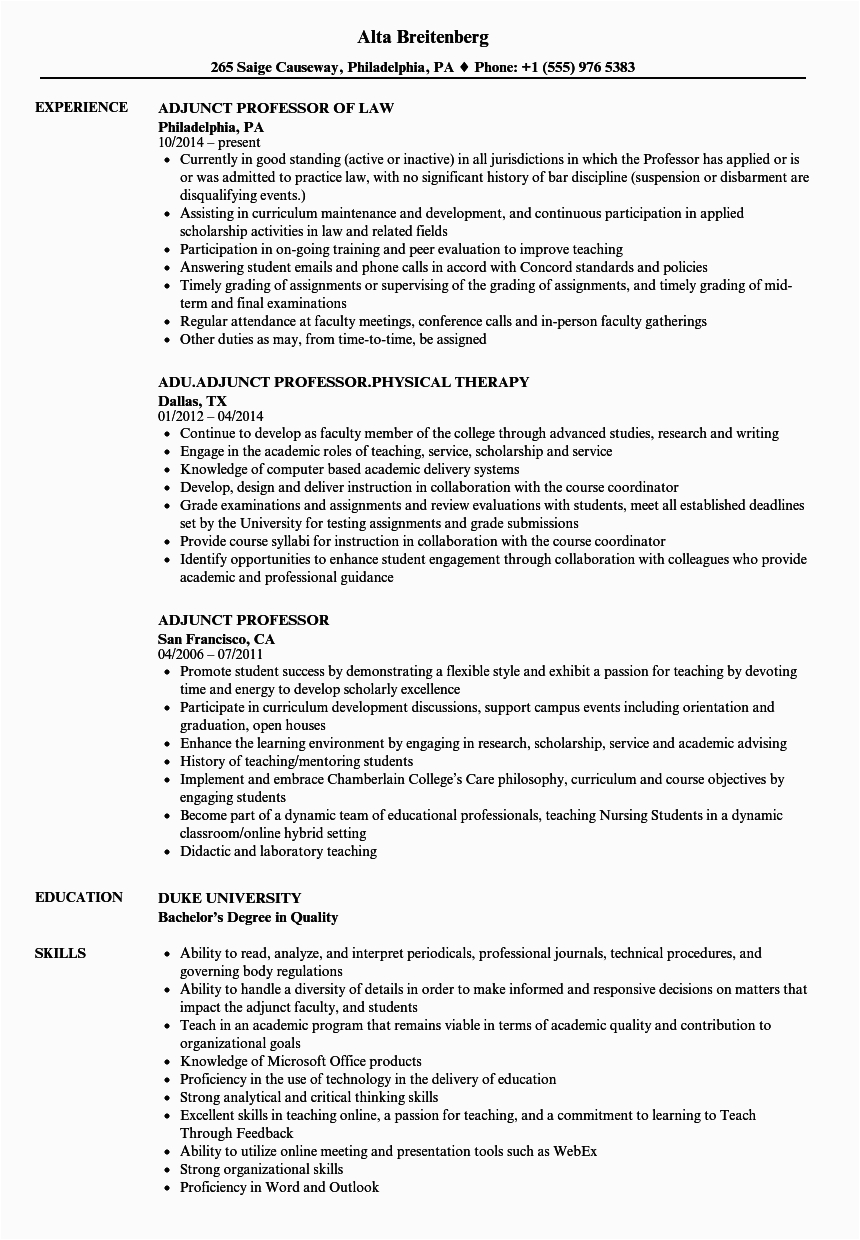 Adjunct Professor Resume Samples with No Experience Adjunct Professor Resume