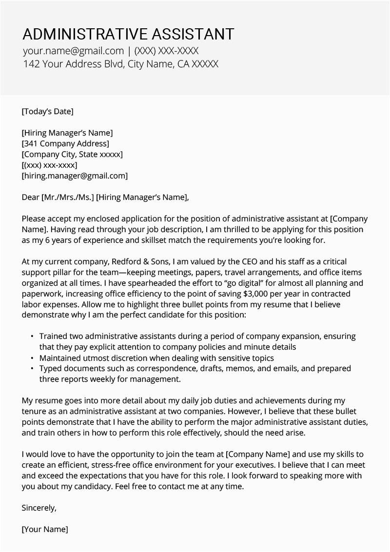 Administrative assistant Sample Cover Letter for Resume Administrative assistant Cover Letter Example & Tips