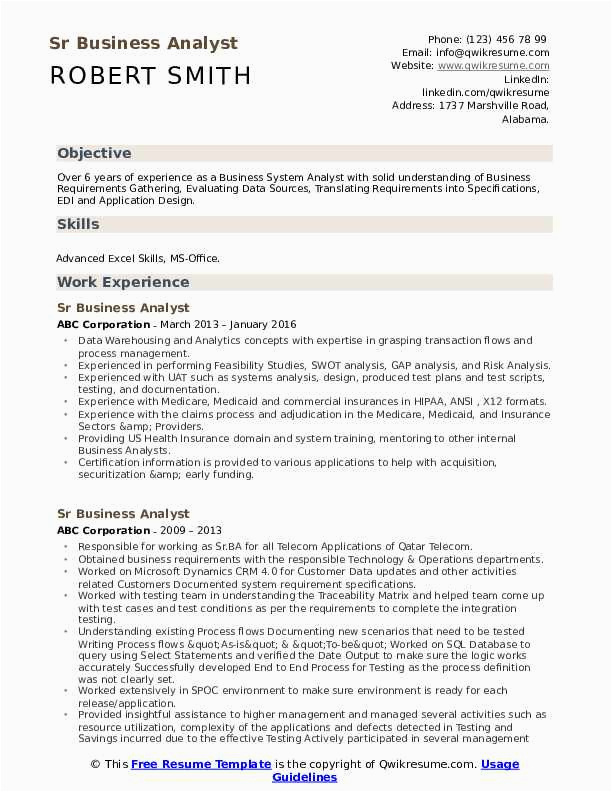 Business Analyst Resume Samples for Experienced Sr Business Analyst Resume Samples