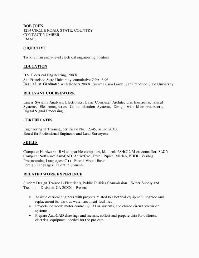 Electrical and Electronics Engineering Fresher Resume Sample Entry Level Electrical Engineering Resume Sample