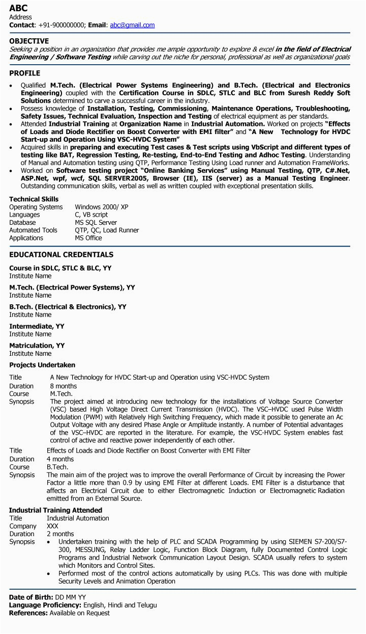 Electrical and Electronics Engineering Fresher Resume Sample Fresher Electrical Engineering