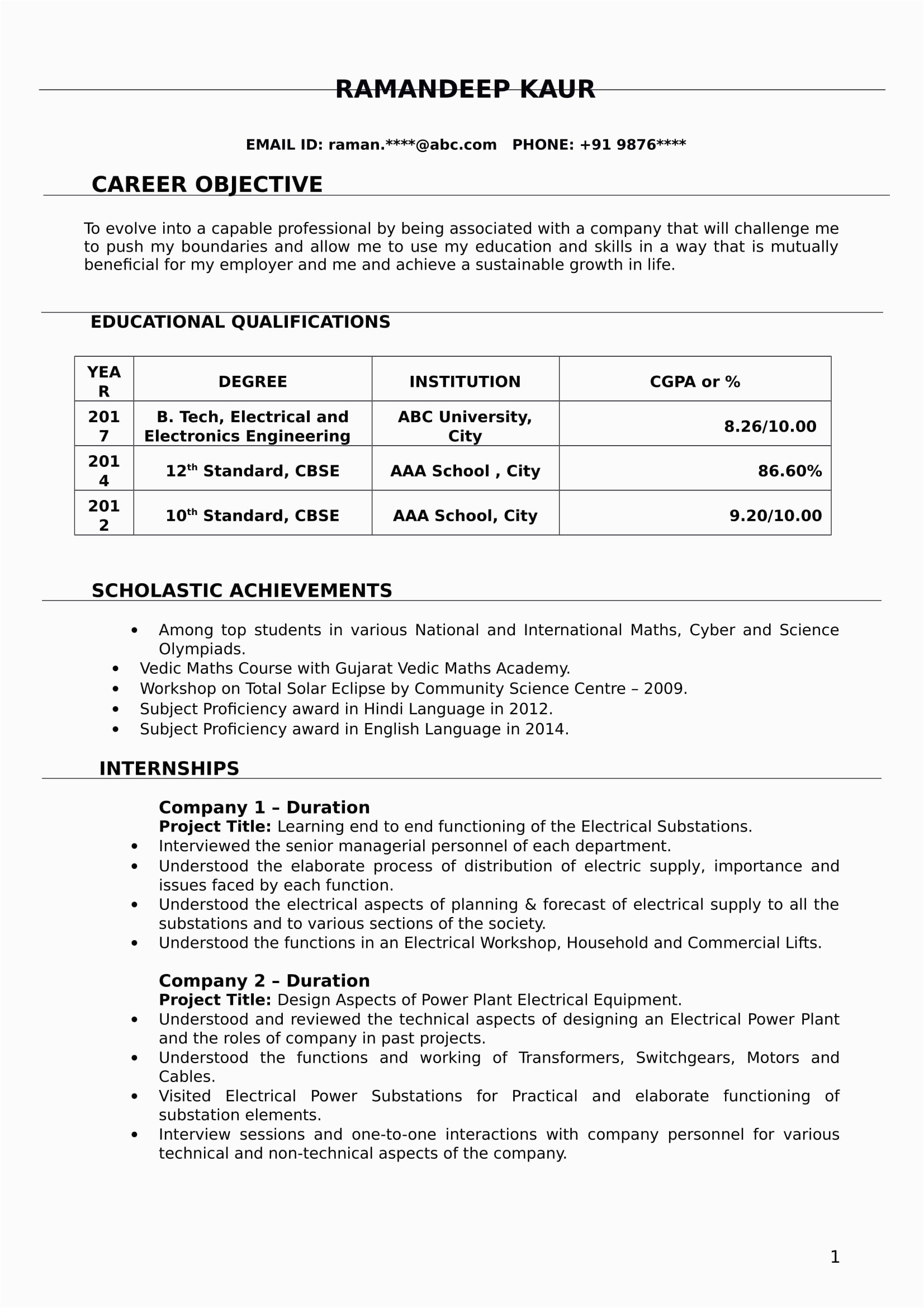 Electrical and Electronics Engineering Fresher Resume Sample Resume Templates for Electrical Engineer Freshers