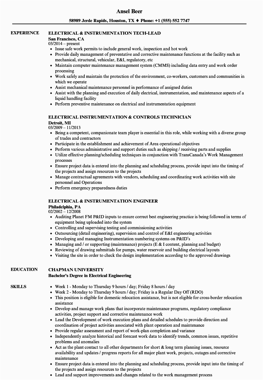 Electrical and Instrumentation Engineer Resume Sample Instrumentation and Controls Technician Cv January 2021