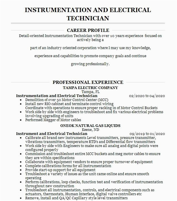 Electrical and Instrumentation Technician Resume Sample Electrical and Instrumentation Technician Resume Example