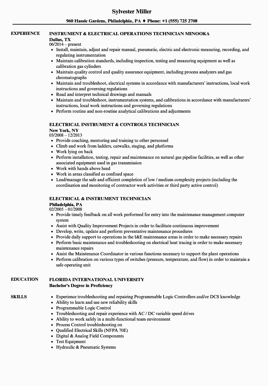 Electrical and Instrumentation Technician Resume Sample Instrument Electrical Resume Samples