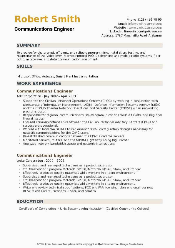 Electronics and Communication Engineering Resume Samples for Experience Munications Engineer Resume Samples