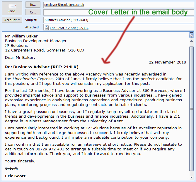 Email Body for Sending Resume Sample Cover Letter In the Email Body