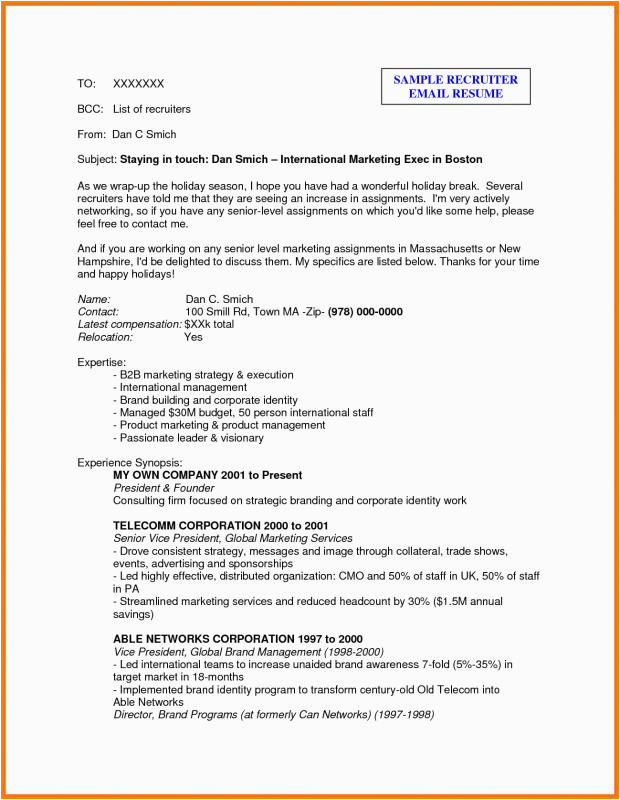 Email Sample to Recruiter with Resume Sample Email to Recruiter