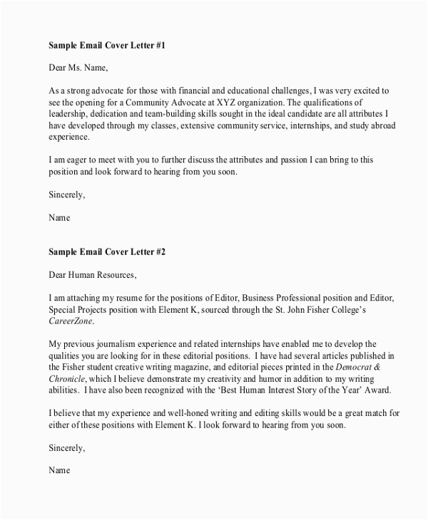 Email with Cover Letter and Resume attached Sample Free 6 Sample Resume Cover Letter formats In Pdf